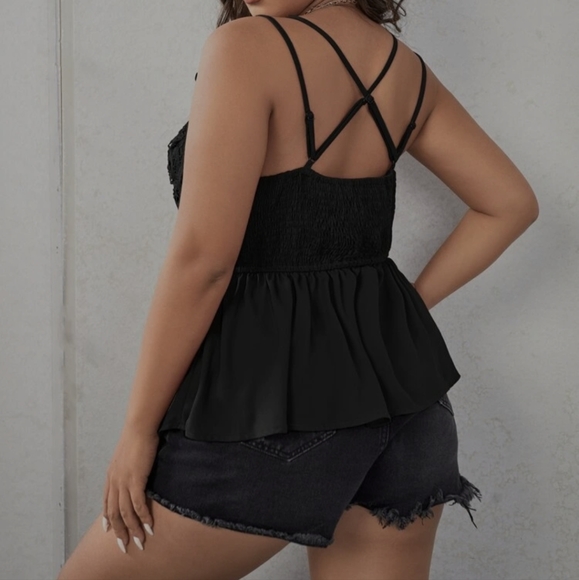 Boho Plus Size Floral Lace Criss Cross Tank Top Black - Picture 3 of 17
